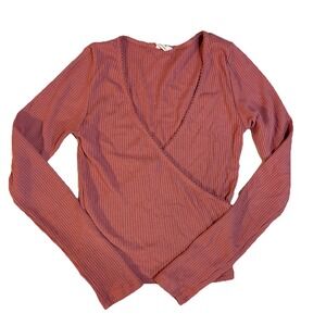 Cotton On V Neck Ribbed Long Sleeve Top Women's XS In Rose